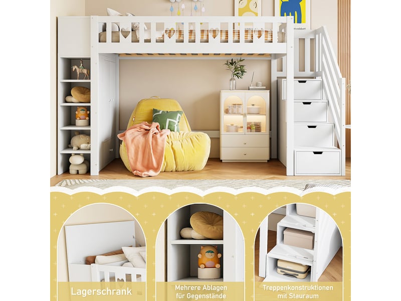 Lit mezzanine 90x200 cm blanc en pin, escalier de rangement, étagères, placard rabattable et garde-corps en cœur - Conforama D