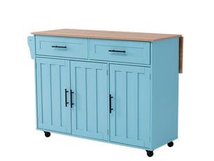 Desserte de cuisine avec 3 portes, 2 tiroirs et plateau rabattable, sur roulettes ou pieds, en mdf bleu clair