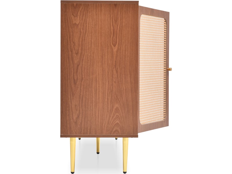  Buffet en rotin 150cm - finition noyer - 2 portes + 3 tiroirs -  poignées dorées &amp; étagères réglables - pour salon et chambre bois foncé - Conforama W