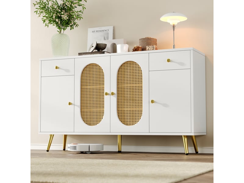  Buffet, bicolore blanc et naturel, panneau de particules, 140 × 35 × 82 cm, 4 portes, 2 tiroirs, étagères réglables, pieds métal  - Conforama C