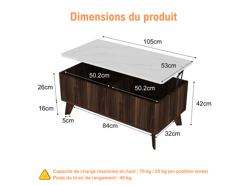  Table basse relevable salon avec rangement caché- plateau imitation marbre - panneaux cannelés verticaux  - compartiment de stockage - table basse multifonction - style scandinave mid-century - noyer  - Conforama C