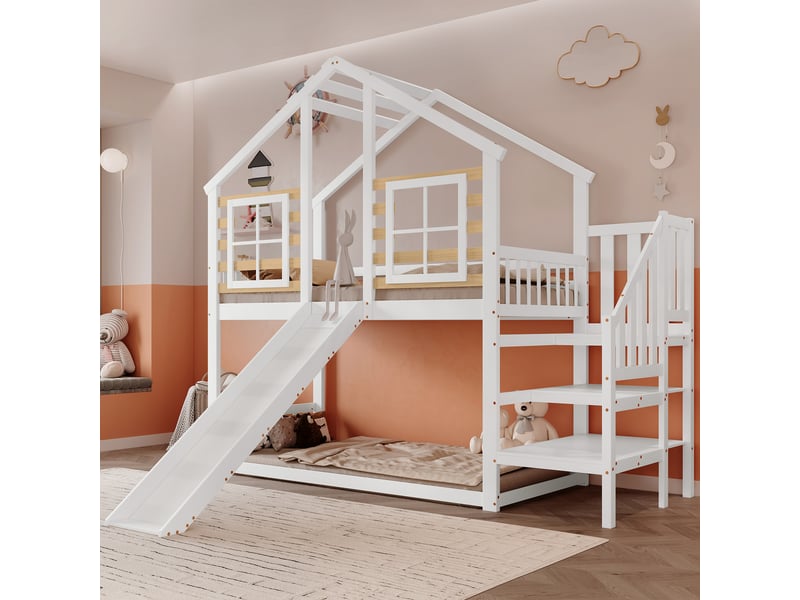  Lit superposé 90x200 cm – lit simple enfant avec échelle, balustrade, toboggan latéral et fenêtre, structure mdf, blanc  - Conforama B