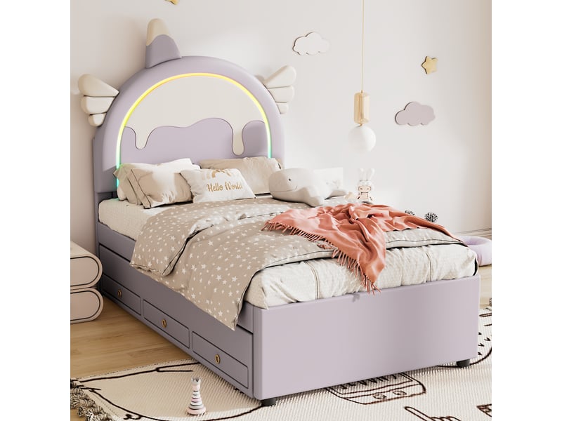  Lit enfant thème licorne 90x200cm avec lit gigogne extractible, revêtement en polyuréthane violet  - Conforama E