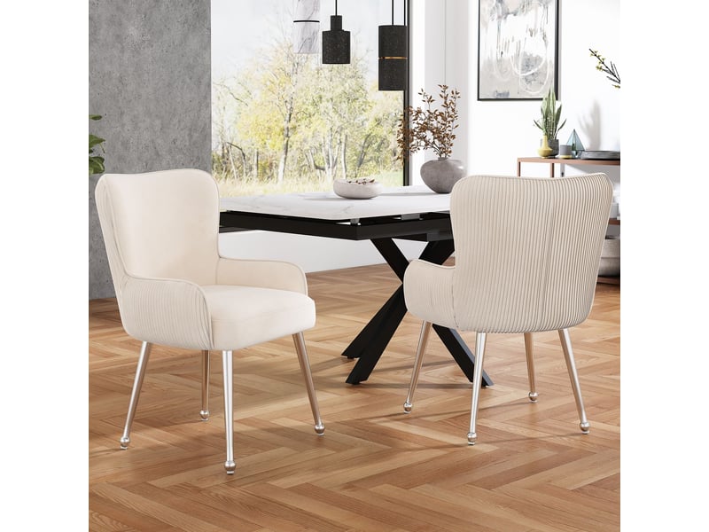  Chaise de salle à manger lot de 6, velours beige chaise rembourrée, métal argenté, accoudoirs, soutien lombaire, patins réglables  - Conforama D