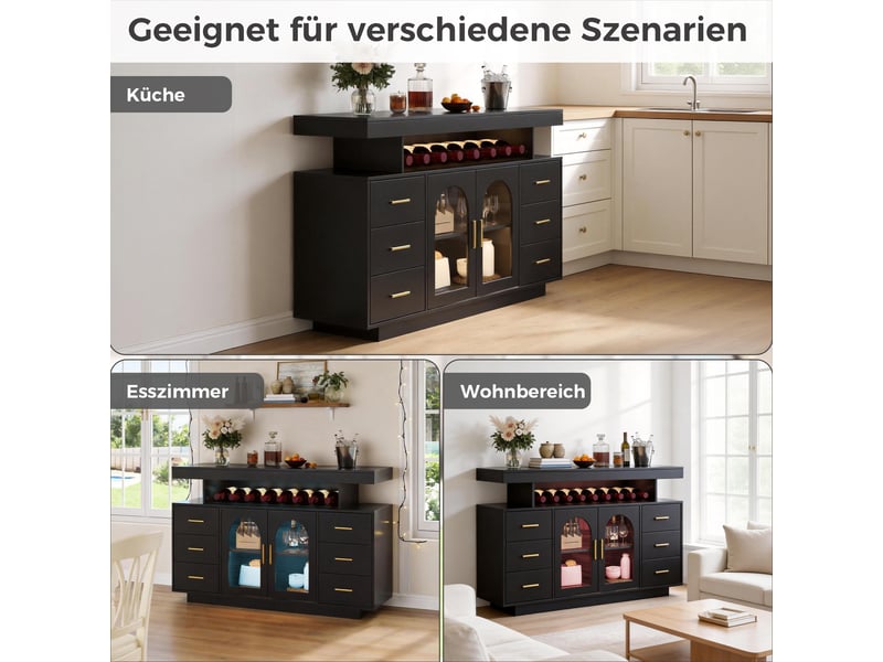  Meuble bar 140x40x82 cm noir avec led rgb, cave à vin, 6 tiroirs, 2 portes vitrées, étagère ouverte, buffet de rangement moderne  - Conforama E