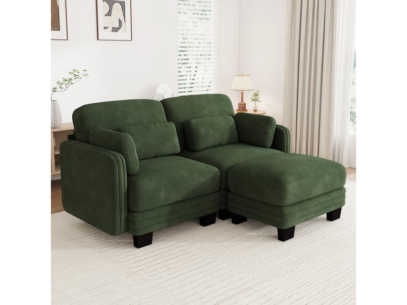 Canapé d’angle modulable 176 cm 2 places avec ottoman, coussins d’accoudoir amovibles, coussins lombaires épais à soutien renforcé, chenille, vert - Conforama B