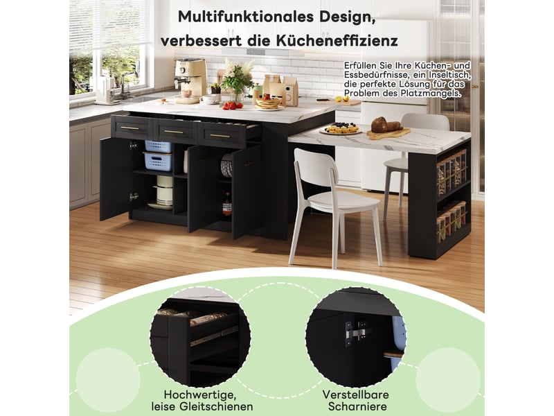 Îlot de cuisine 150 × 90 × 90 cm noir, mdf, plateau effet marbre blanc, table extensible 96 cm et nombreux rangements  - Conforama C