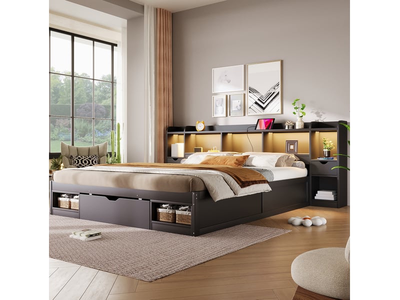  Lit adulte 180 × 200 cm 2 places avec 3 tiroirs, étagères, led réglable et usb, sans matelas, en mdf noir  - Conforama C