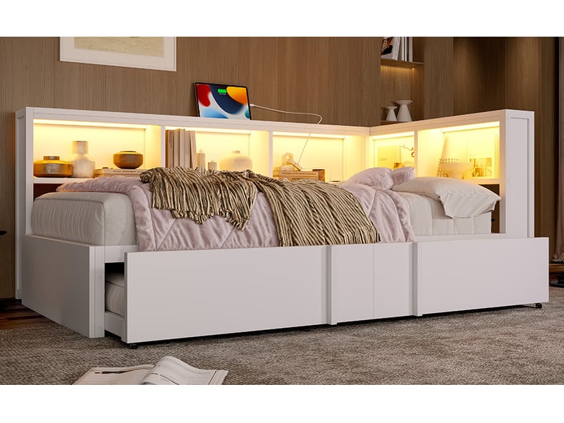  Lit banquette gigogne 90 × 200 cm, rangements, led et prises usb, blanc  - Conforama B