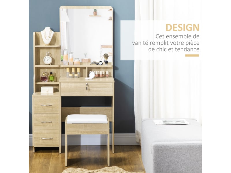  Ensemble de coiffeuse table de maquillage avec tabouret rembourré grand miroir + plusieurs étagères ouvertes + 4 tiroirs bois naturel  - Conforama D