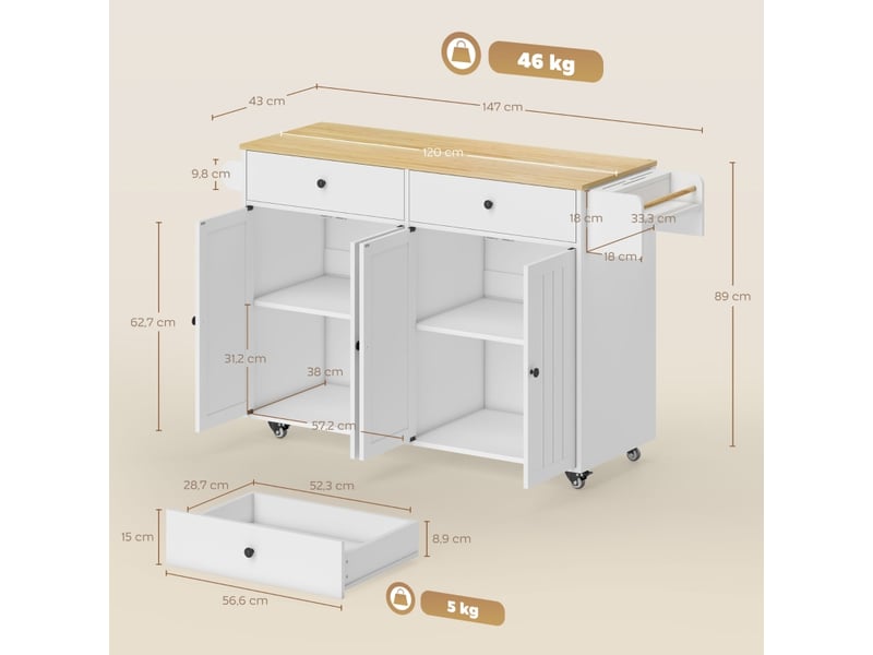  Îlot cuisine mobile mdf blanc 2 tiroirs 2 placards range-épices porte-serviettes porte-couteaux  - Conforama C