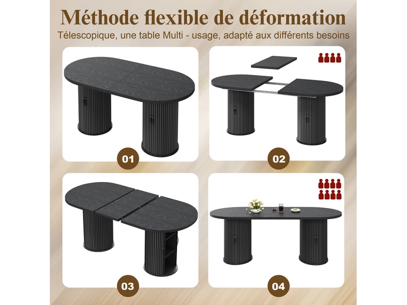  Table à manger extensible 150 à 190 cm noire avec rangement caché et poignées en métal  - Conforama E