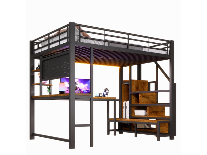  Lit mezzanine tcqpz 140 x 200 cm avec bureau rangement led usb usb-c métal mdf noir  - Conforama A