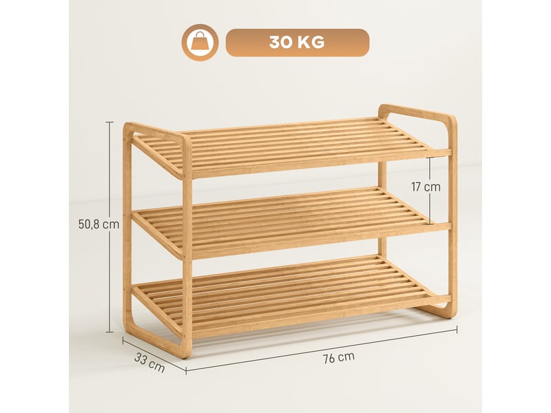  Étagère à chaussures en bambou à 3 niveaux, porte-chaussures capacité 12 paires, bois naturel, 76x33x50,8cm  - Conforama C