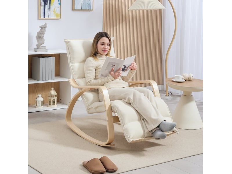  Rocking-chair avec repose-pieds réglable 5 positions et dossier inclinable, accoudoirs, en polyester crème  - Conforama D