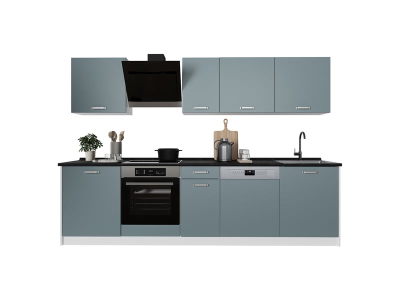  Vicco cuisine, bleu-grisblanc, 280cm plan de travail chêne doré  - Conforama E