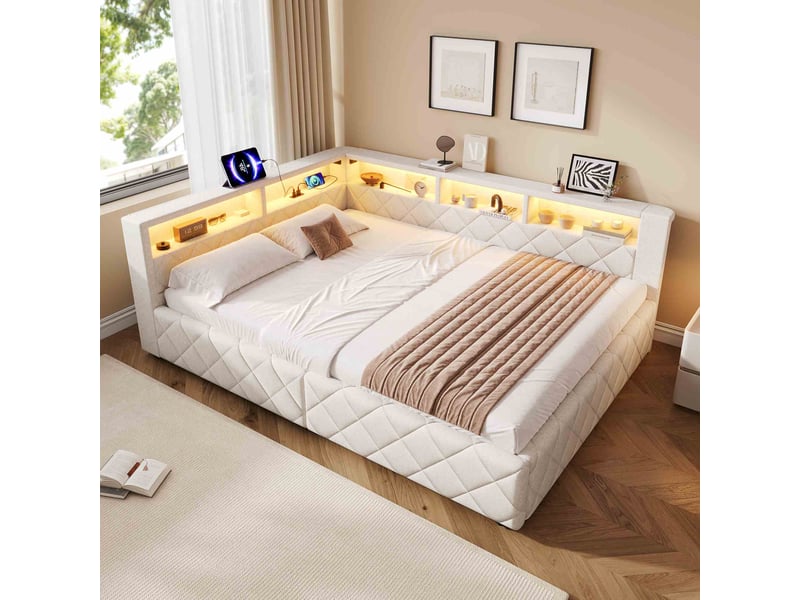 Lit banquette coffre 140x200 cm en lin avec rangement hydraulique, led, usb, tête de lit avec étagères, lit double rembourré - beige - Conforama D