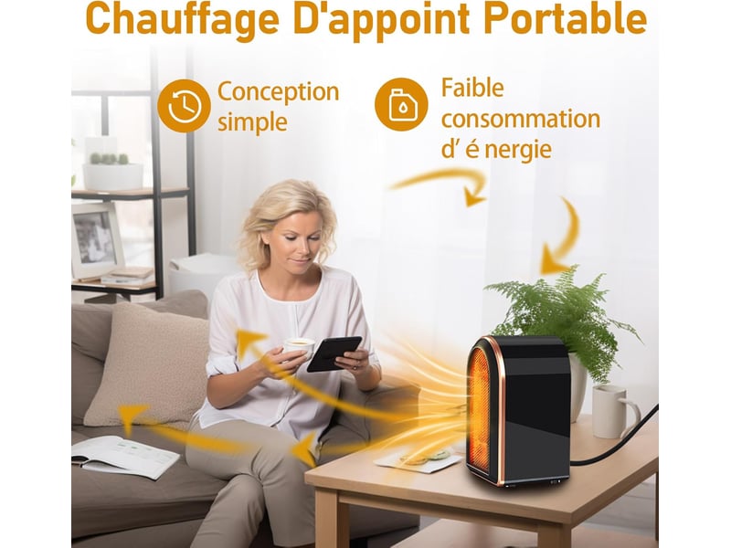  Chauffage soufflant, économe en énergie, avec protection contre la surchauffe et le basculement, céramique ptc, petit chauffage électrique, 1200 w, noir GTR01897 - Conforama E