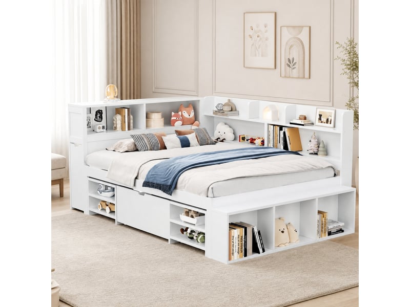  Lit enfant 200×140 cm avec tiroir, placards et étagères, sommier à lattes, sans matelas, en contreplaqué blanc  - Conforama B