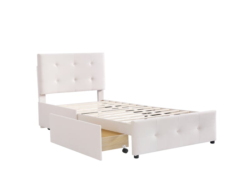  Lit enfant 90x200 cm avec 2 tiroirs, tête de lit réglable et sommier, velours, beige, sans matelas  - Conforama A