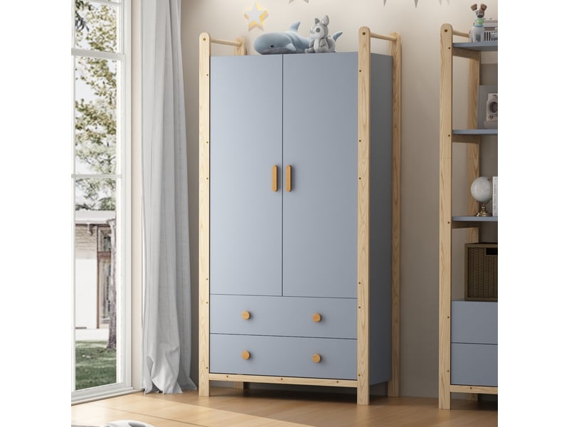  Ensemble armoire penderie et étagère de rangement avec tiroirs bleu et bois N883P3269BB - Conforama E