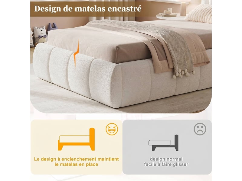  Lit enfant 90x200 lit coffre avec rangement tissu bouclette beige  - Conforama D