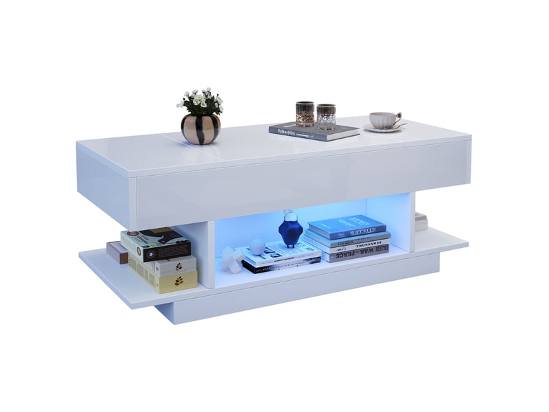  Table basse relevable 98x45x40 cm avec led et rangements blanc  - Conforama A