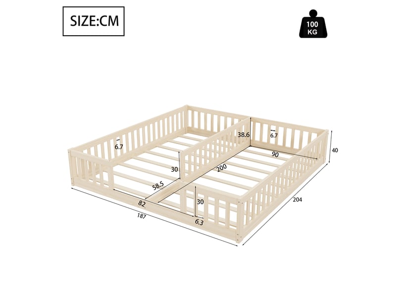  Lit combiné enfant 2 couchages 90 x 200 cm naturel avec barrières et sommiers à lattes  - Conforama E