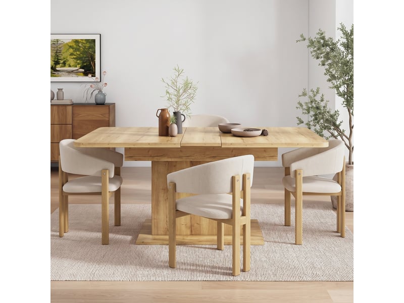Ensemble table + 4 chaises de salle à manger, table extensible 110130 cm avec rangement, chaises métal effet bois et tissu lin, style moderne - Conforama D