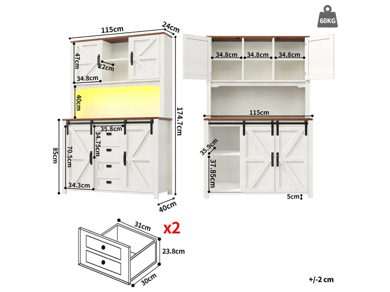  Buffet haut 115x40x174,7 cm, grand meuble de rangement cuisine avec capacité de stockage maximale, étagères intérieures ajustables  - Conforama C