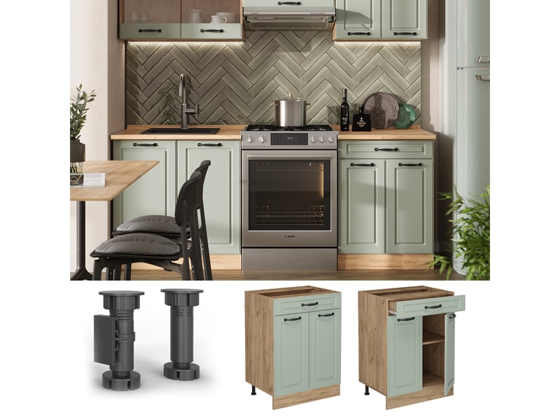  Vicco meuble cuisine, mint campagnechêne doré, 60cm avec tiroir plan de travail marbre  - Conforama D