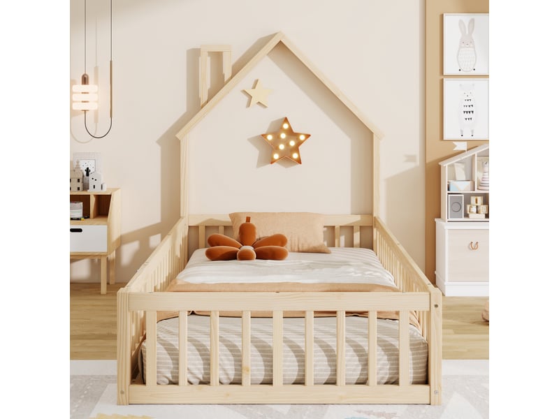 Lit cabane enfant, 90 × 200 cm, naturel, pin et mdf, structure cabane, forme cheminée, sommier à lattes, garde-corps, sans matelas - Conforama D