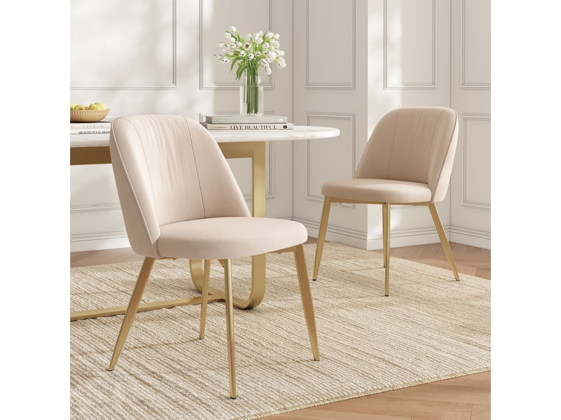 Lot de 2 chaises de salle à manger en velours beige, dossier semi-enveloppant ergonomique, pieds en métal doré, assise rembourrée, charge 150 kg - Conforama B