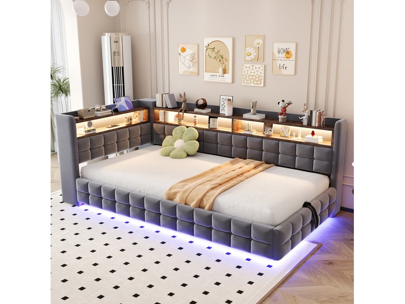  Lit simple 90x200 cm avec rangement hydraulique et led en velours gris  - Conforama C