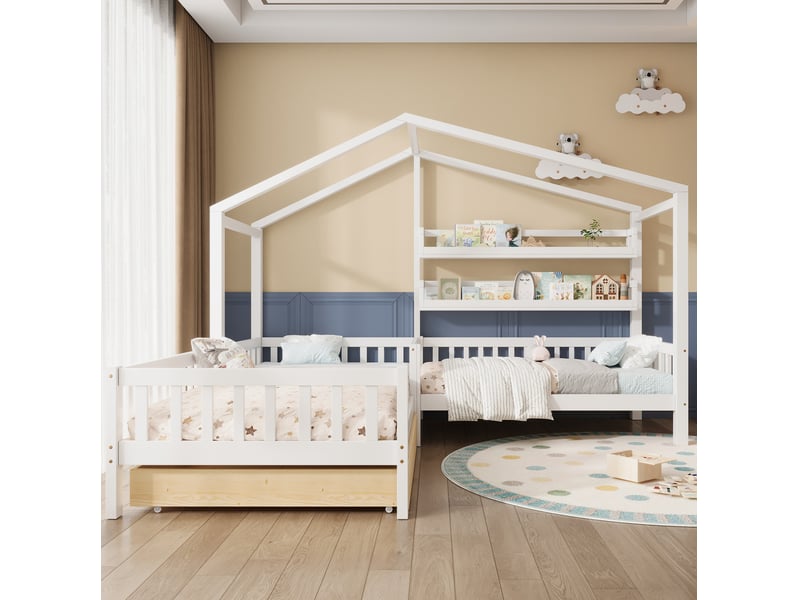  Lit cabane enfant 90x200 cm et 70x140 cm en l avec tiroirs, coloris blanc  - Conforama D