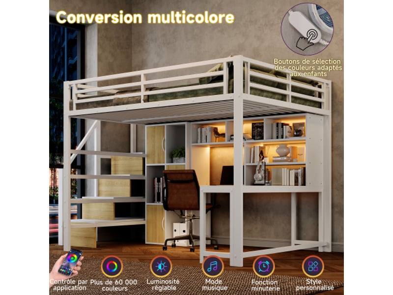  Lit mezzanine 140x200 cm avec bureau, escalier de rangement, placards et led, structure métal blanche, pour chambre enfant  - Conforama D