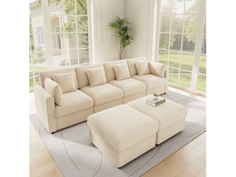  Canapé d'angle modulable 6 places en tissu beige convertible avec 2 poufs et accoudoirs réglables, confort modulable  - Conforama E