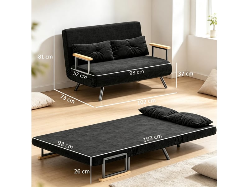  Canapé convertible 2 places 4 en 1 avec dossier réglable sur 5 positions, assise en velours noir et 2 coussins  - Conforama C
