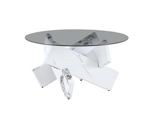 Table basse ronde en verre, table de salon moderne blanche avec plateau en verre trempé et socle géométrique aspect marbre, ø 79 cm.