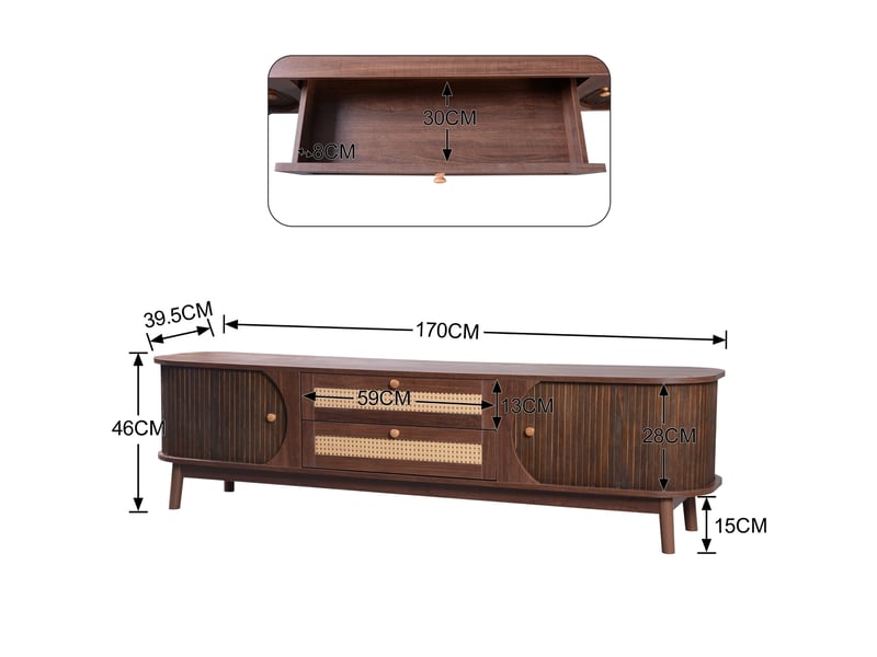  Meuble tv rotin naturel 170 cm avec portes et tiroirs, meuble tv bois massif style campagne, charge 50kg  - Conforama D
