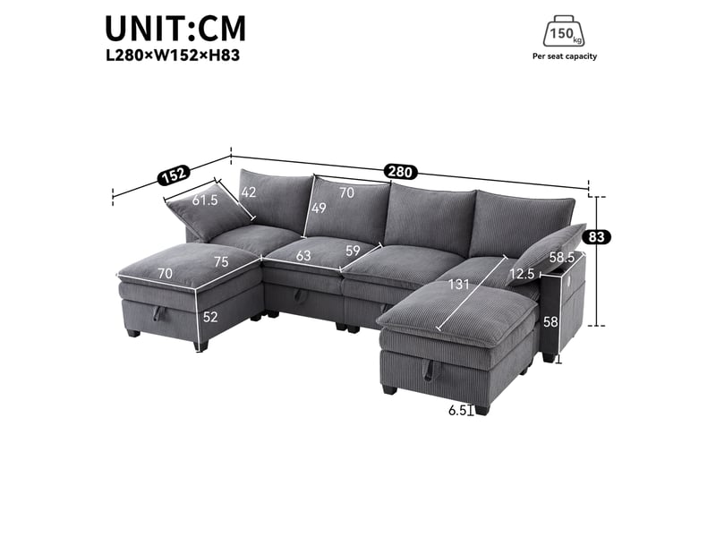 Canapé d'angle modulaire avec rangements, usb et porte-gobelets, en velours côtelé gris, 280 × 152 × 83 cm - Conforama E
