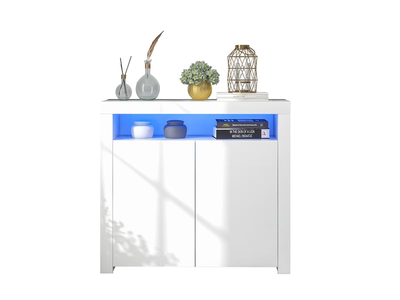  Buffet avec 2 portes et rangement ouvert led pour salon en panneaux de particules 108×40×92 cm blanc  - Conforama A
