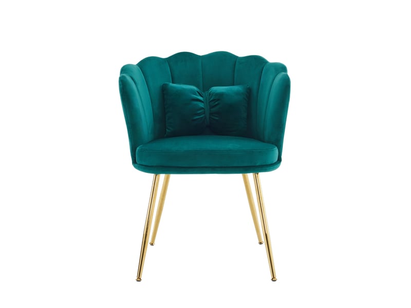  Fauteuil en velours vert à dossier pétale avec coussin et pieds en métal doré  - Conforama A