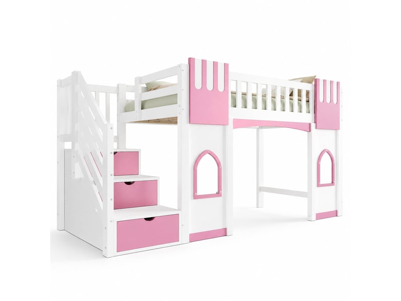 Lit surélevé enfant 90 x 200 cm avec escalier de rangement, blanc et rose  - Conforama A