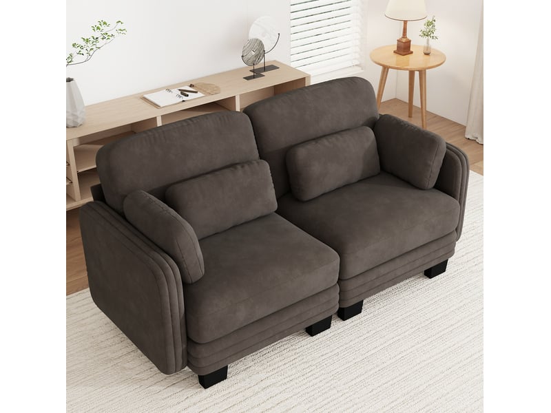 Canapé modulable 2 places 176x88x88 cm, coussins lombaires et accoudoirs, structure bois, chenille, marron - Conforama D