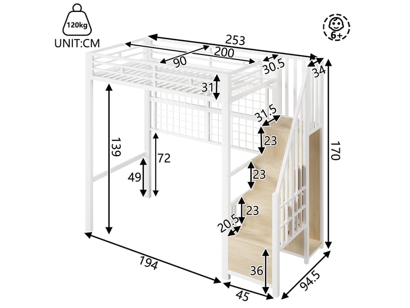  Lit mezzanine en métal 90x200 cm, lit avec penderie, échelle de rangement, barres de suspension, led 7 couleurs, espace sous lit, blanc evarich - Conforama C