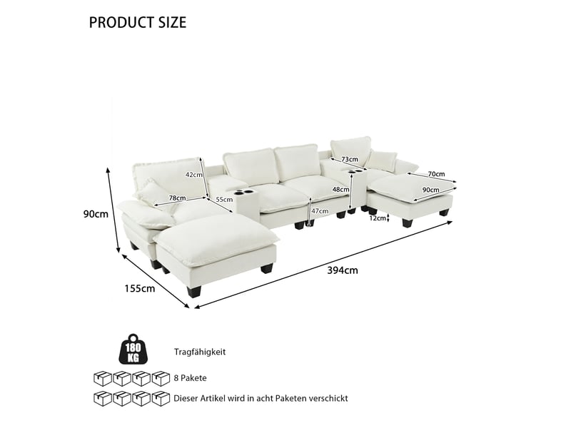 Canapé panoramique en u modulaire avec rangement, usb et porte-gobelets - chenille beige 392 × 151 × 90 cm - Conforama C