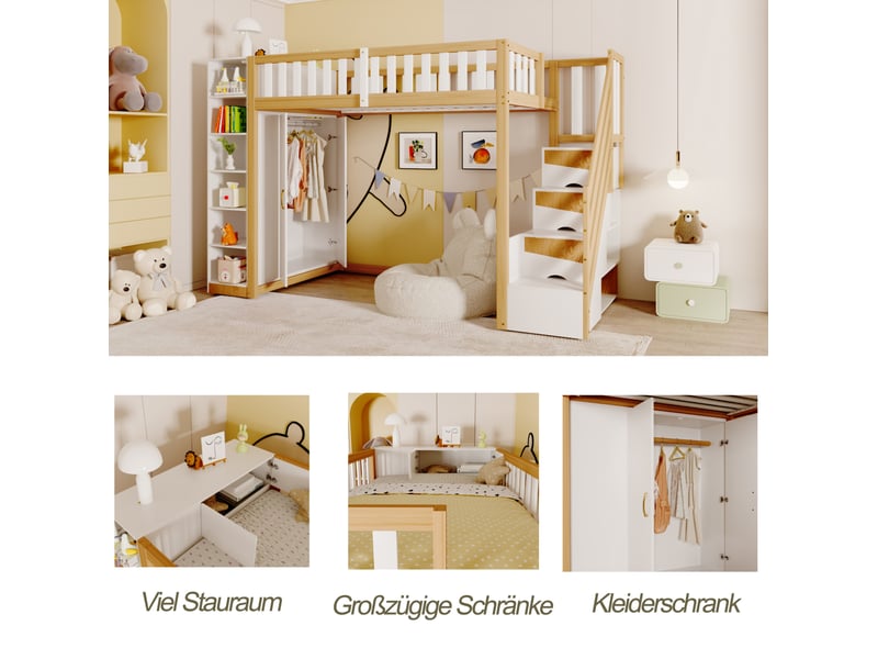  Lit mezzanine 90x200 cm multifonctionnel avec rangements, armoire et échelle de sécurité bois mdf blanc et bois naturel sans matelas  - Conforama D