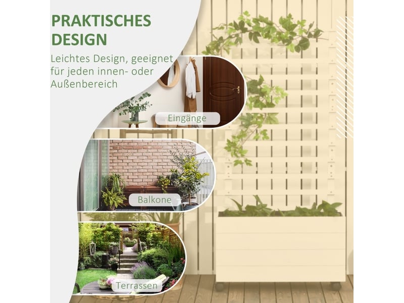  Jardinière à roulettes avec treillis 76x30x155 cm – blanche – bac de culture mobile avec freins intégrés  - Conforama D