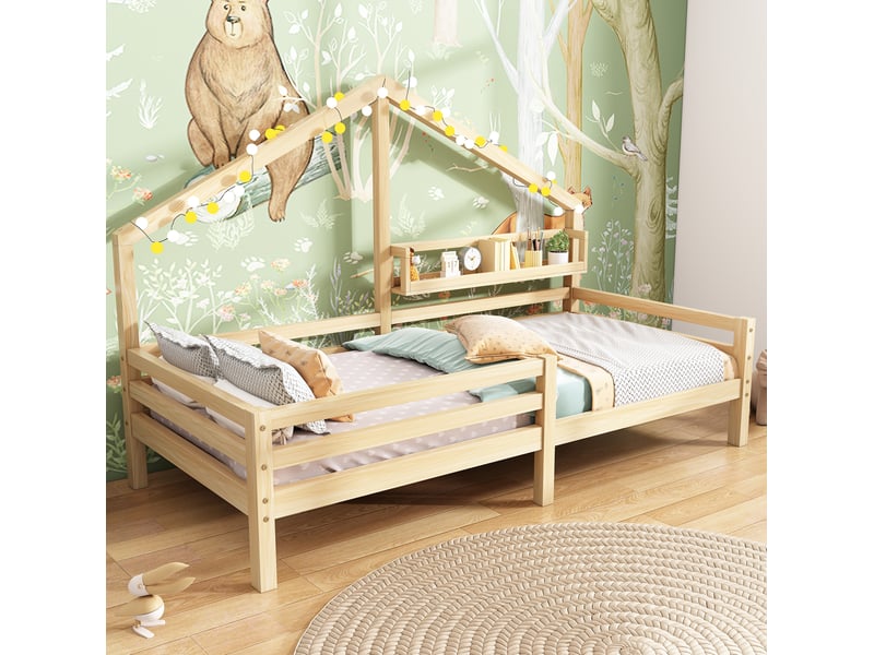  Lit enfant cabane 90 x 200 cm naturel avec étagère de rangement  - Conforama B